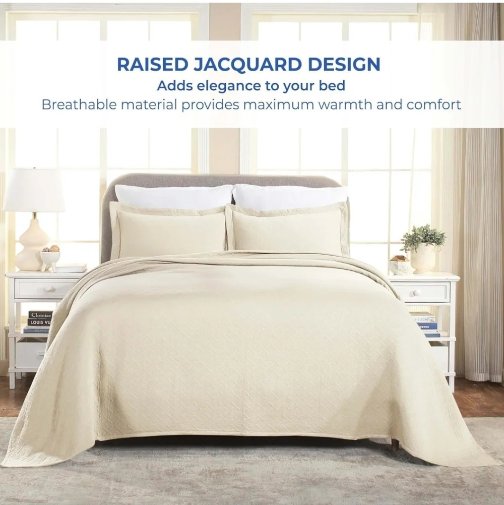 Superior Basketweave Cotton 3 Piece Bedspread Set, Home Decorative Quil Queen